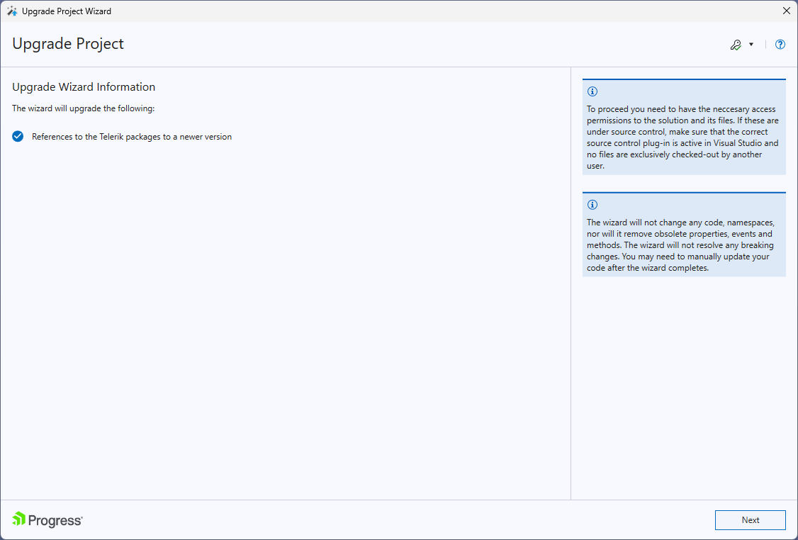Upgrade Wizard welcome screen