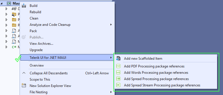 Telerik UI for .NET MAUI VS Extensions Menu