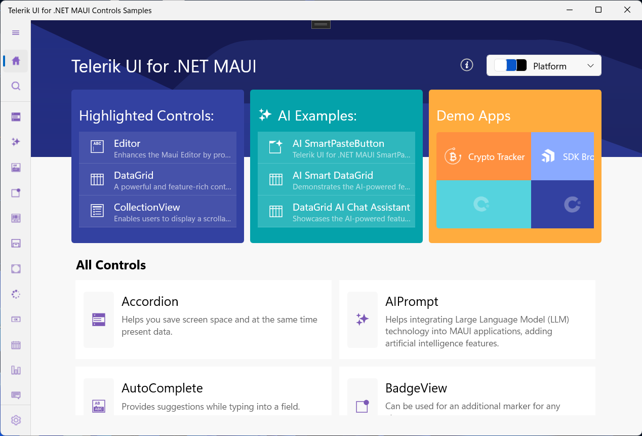 Controls Samples App running on WinUI