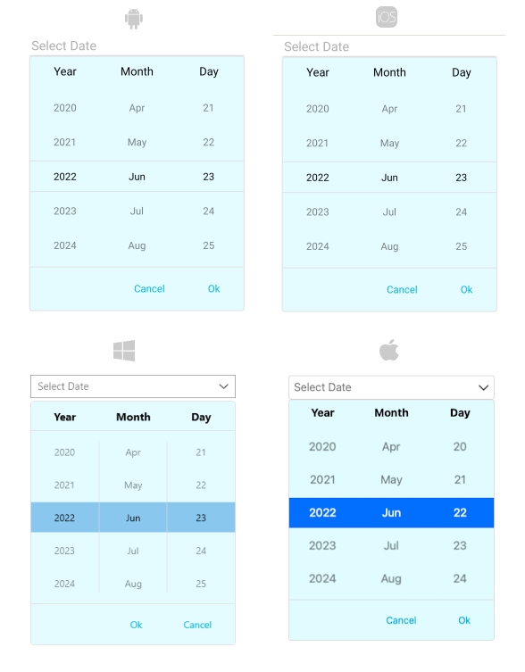 Telerik UI for .NET MAUI DatePicker with applied styling properties to its drop-down
