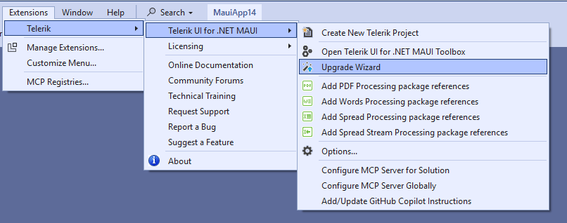 Open the Upgrade Wizard from the Extensions menu
