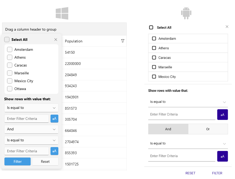 Telerik .NET MAUI DataGrid Filtering UI