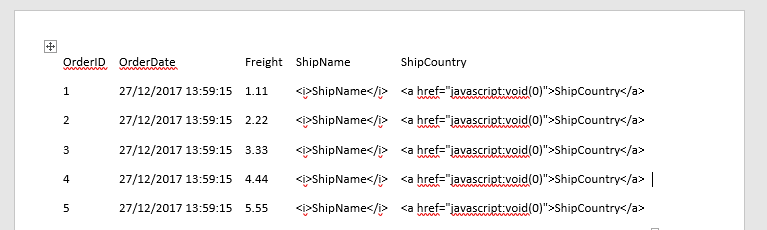 Rendered data in .docx