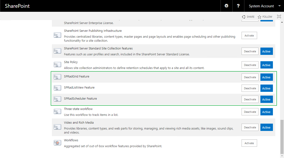 Telerik Web Parts Features Enabled