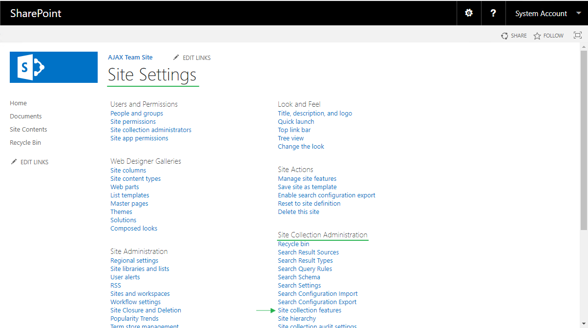 Go to Site Collection Features