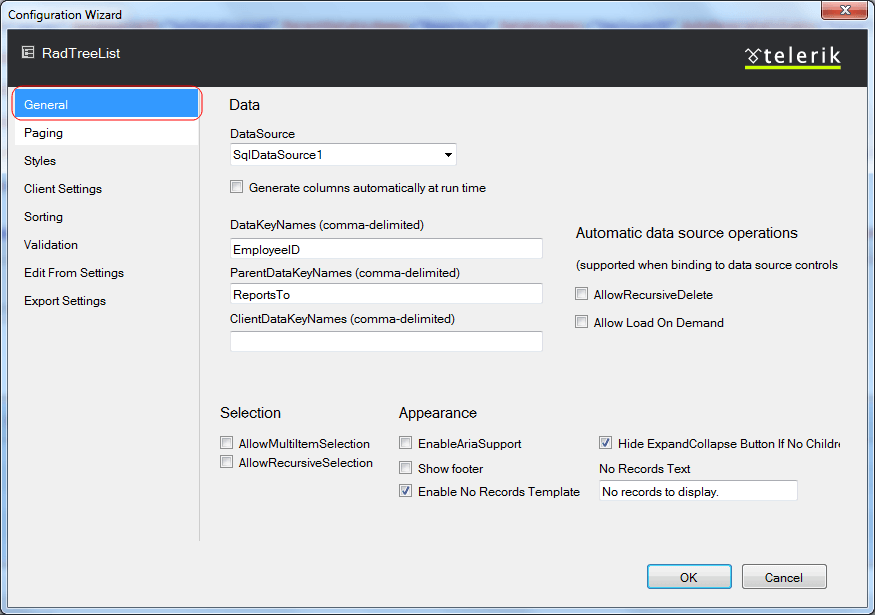 RadTreeList General settings