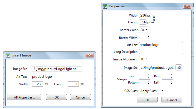 Image Properties dialogs