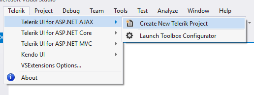 Telerik menu - create new project