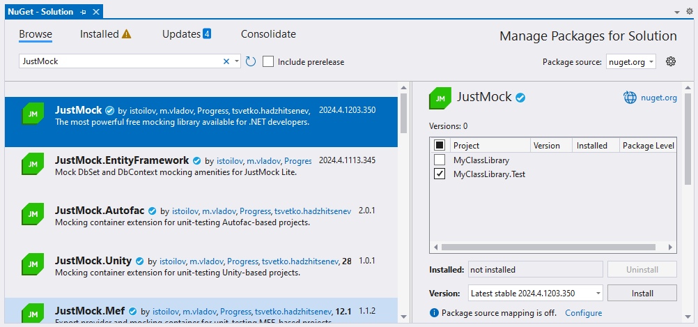 Install JustMock Lite NuGet Package
