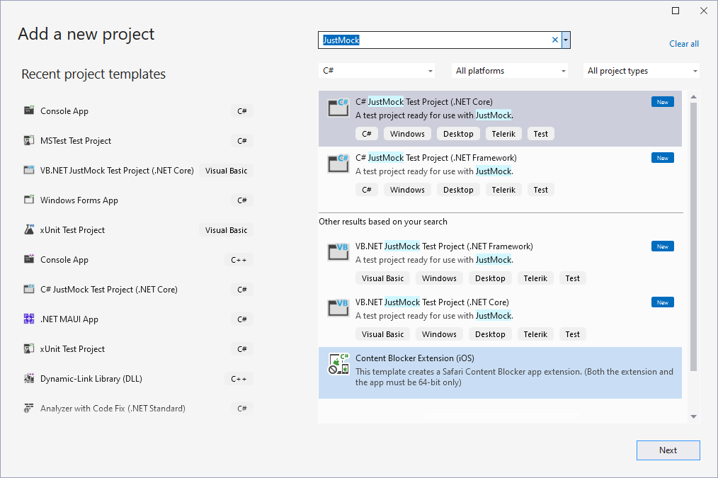 Choose the JustMock Test Project template