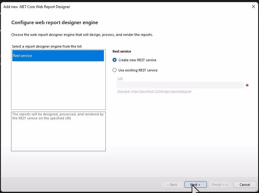 Create new Web Report Desiger REST Service in the project through the wizard's 'Configure web report designer engine' page.