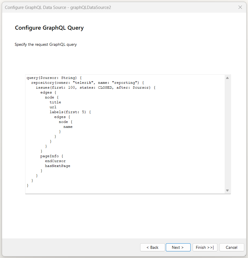 "Configure GraphQL Query" window of the GraphQLDataSource Wizard. Includes a pre-configured query that utilizes inline parameters.