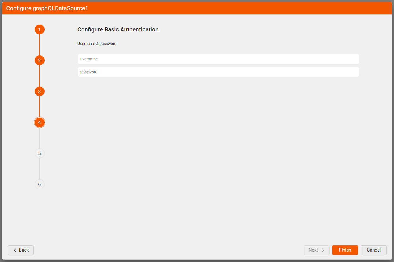 "Configure Basic Authentication" window of the GraphQLDataSource Wizard. Includes two text boxes for the user name and the password.