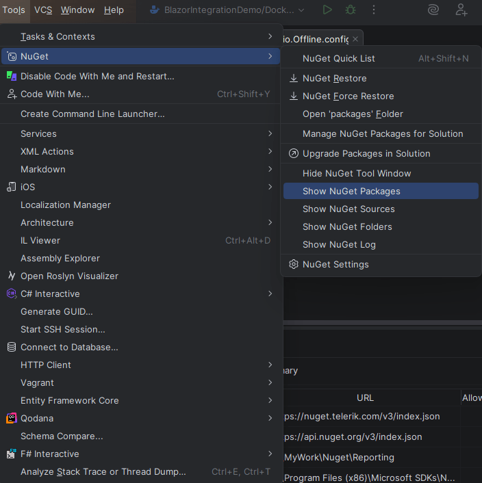 JetBrains Rider menu path for opening the NuGet Packages window ><