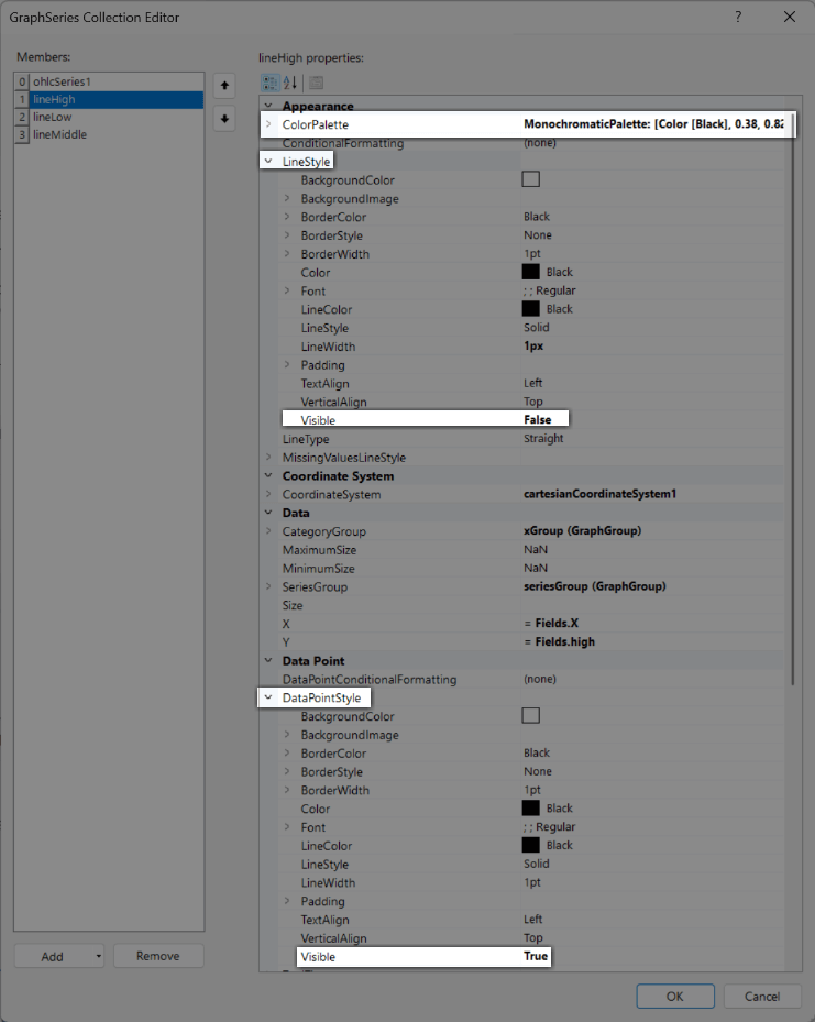 Set ColorPalette, LineStyle, and DataPointStyle in the GraphSeries Collection Editor of the Standalone Report Designer.