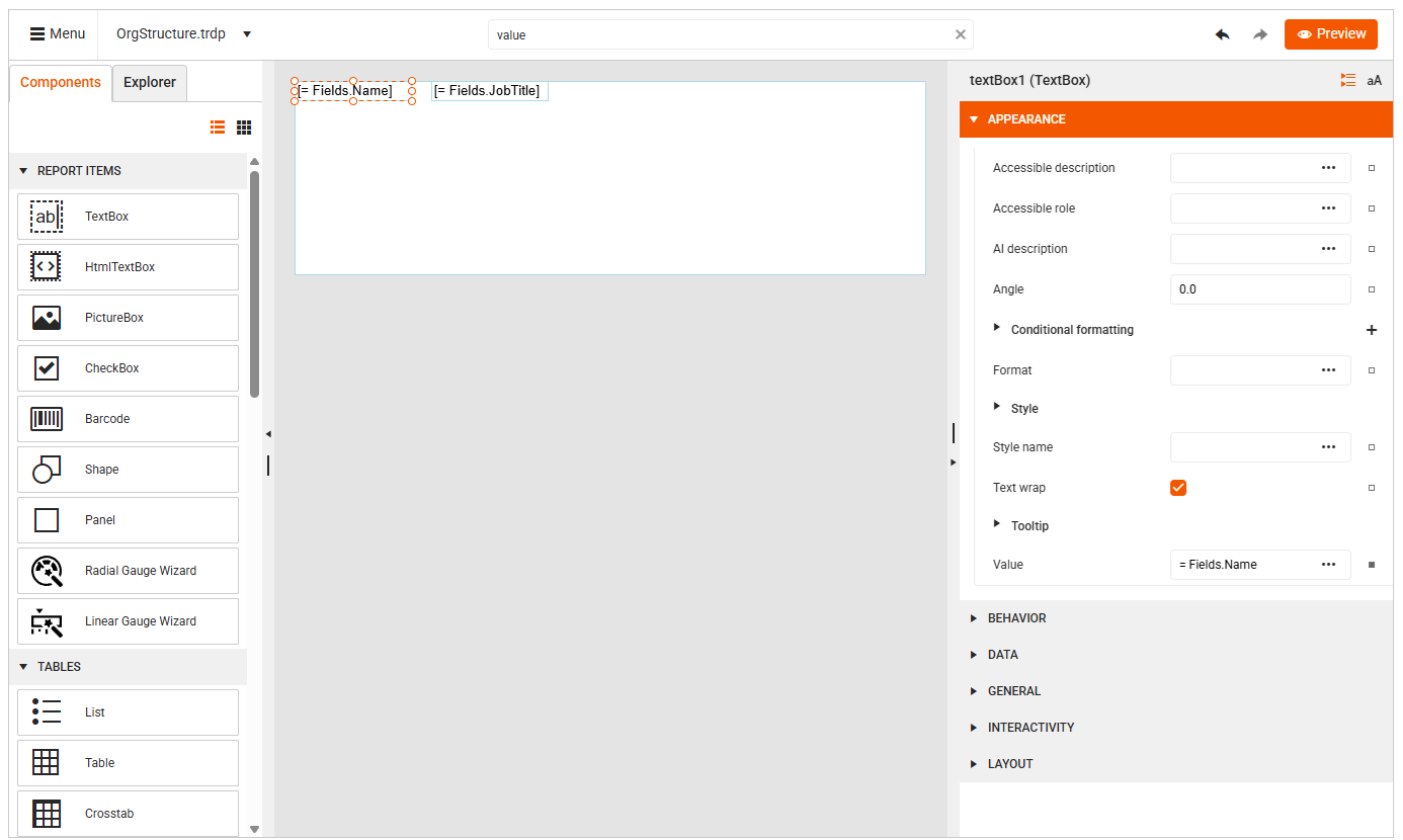 Org Hierarchy TextBox Items