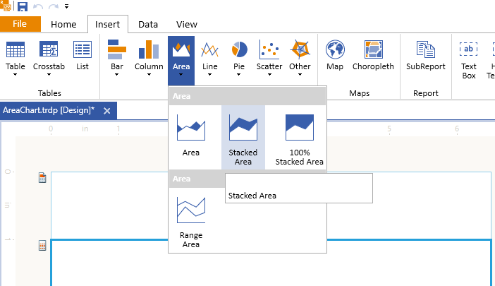 Adding the Telerik Reporting Area Chart Wizard from the Insert Menu Item of the Standalone Report Designer