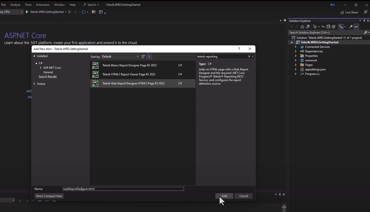 Searcing for and adding Web Report Desiger page 'webReportDesigner.html' through the Visual Studio item template.