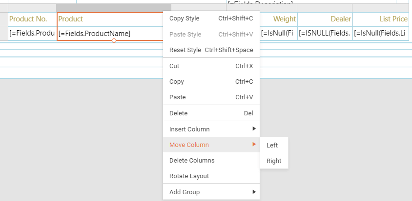 The Table Column Context Menu of the Web Report Designer which lets you act over the selected table column.