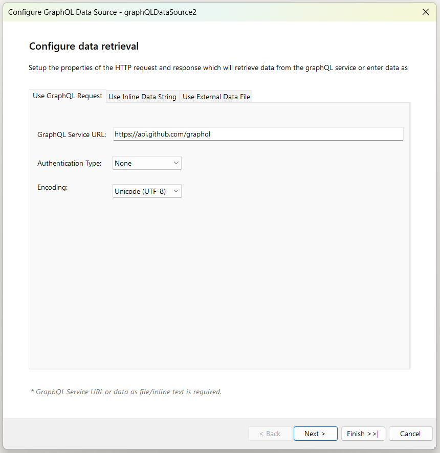 "Use GraphQL Request" tab of the "Configure data retrieval" window of the GraphQLDataSource Wizard. Includes the configurable options "GraphQL Service URL", "Authentication Type", and "Encoding".