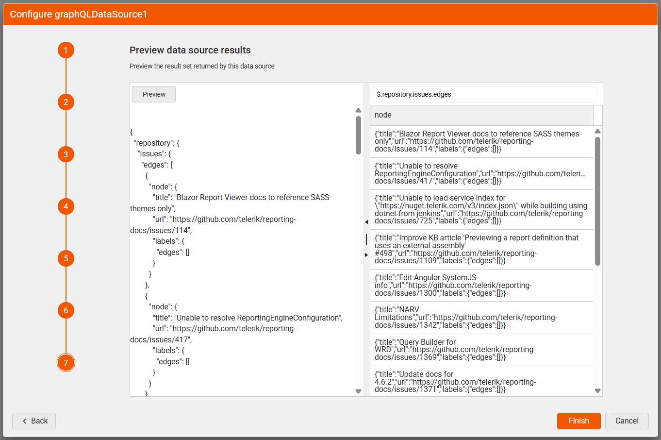 "Preview data source results" window of the GraphQLDataSource Wizard. On the left, there is a "Preview" button, responsible for displaying the data, along with the GraphQL query configured in step 2 of the wizard. On the right, there is a text box allowing to configure the JSONPath data selector to further filter the result. Below is the JSON result from the GraphQL query.
