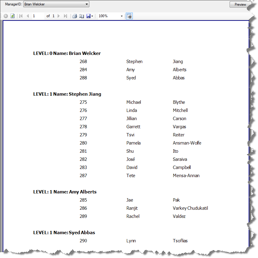 Preview of the example report showing the properly grouped data for a particular manager Id