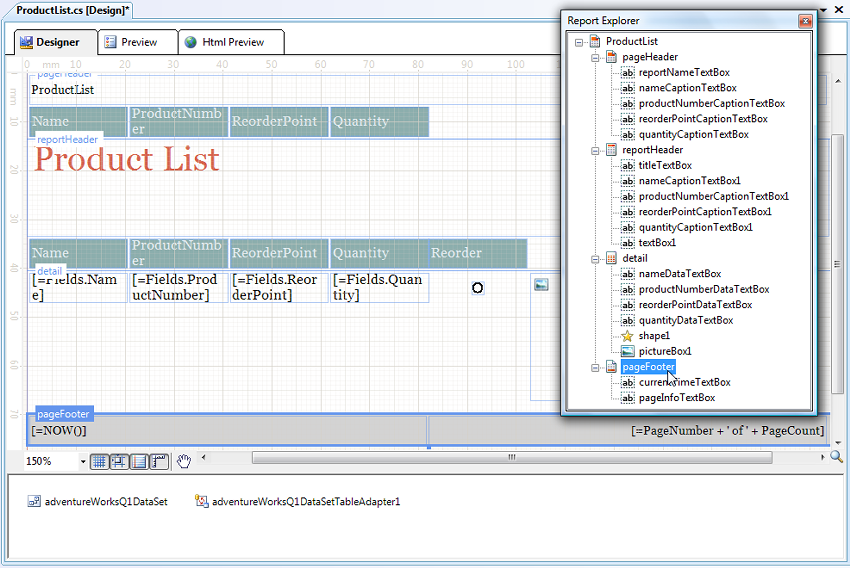 Selecting the PageFooterSection from the Report Explorer