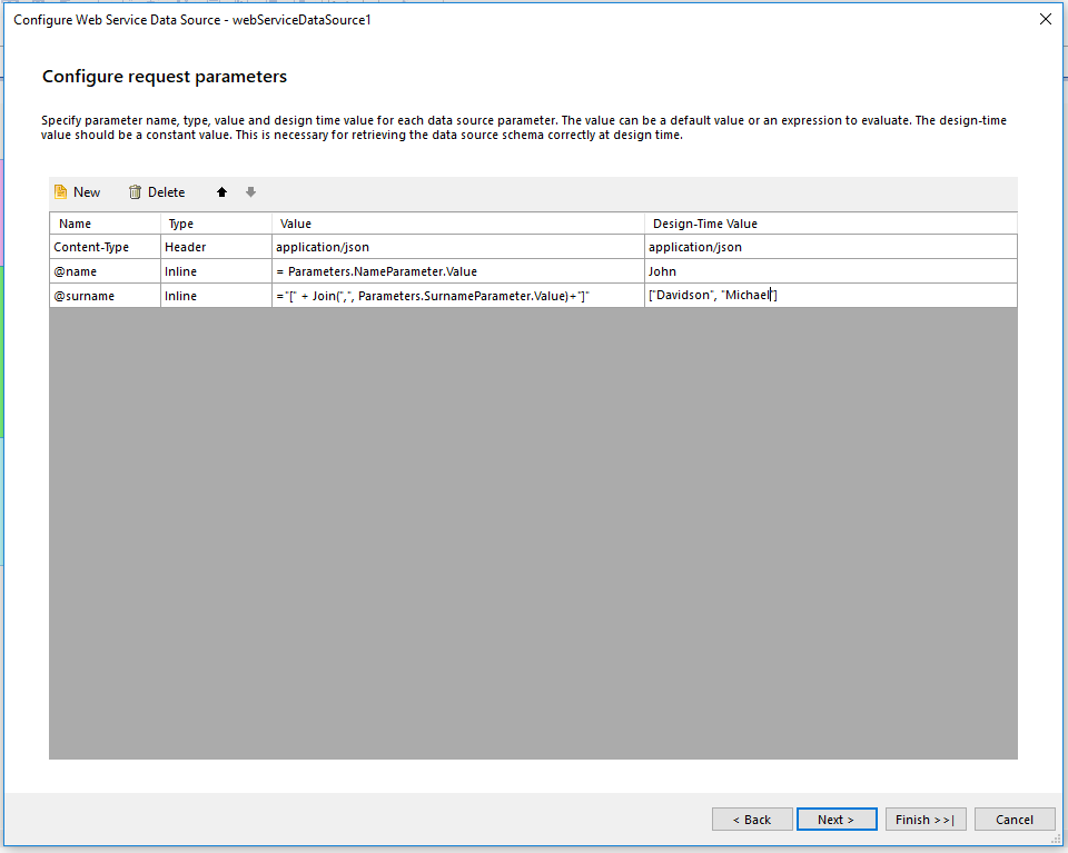 Configure Request Parameters page of the Web Service DataSource wizard in the Standalone Designer with all necessary parameters set