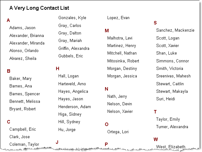 A preview in Visual Studio Report Designer of the above multi-column report with four columns