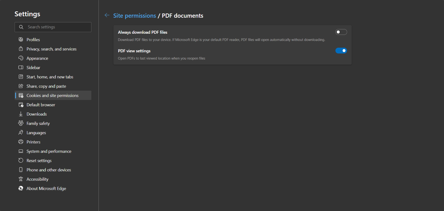 Image displaying the PDF Document settings view in the Microsoft Edge browser