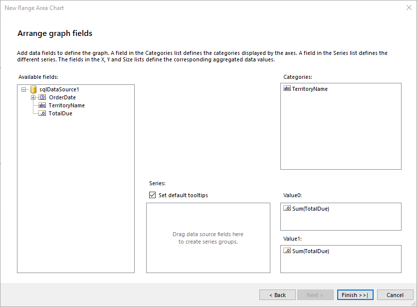 Arrange the Range Chart Series, Categories, Value0 and Value1 from the Wizard in the Standalone Report Designer