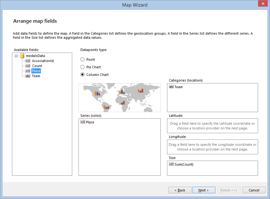 The Arrange Map Fields page of the Standalone Report Designer Map Wizard with selected Column Chart and Series, Categories and Size configured