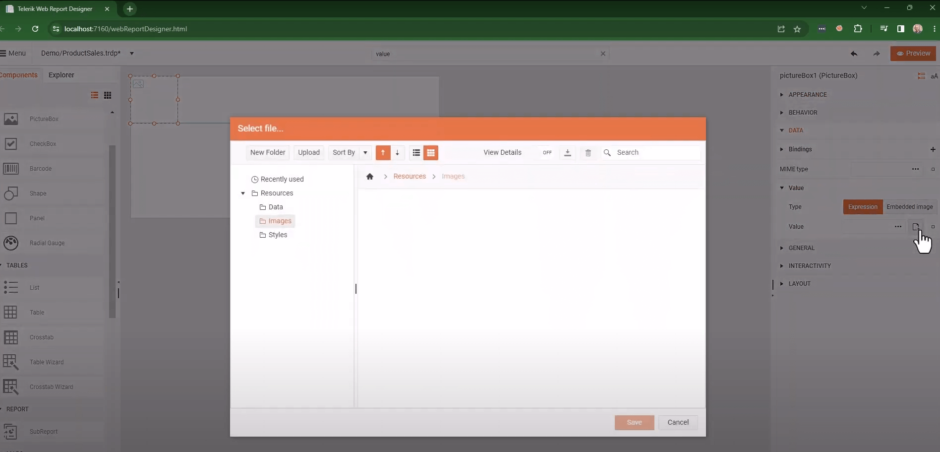 The 'Select file...' dialog of the web designer opened when adding a value for the PictureBox.