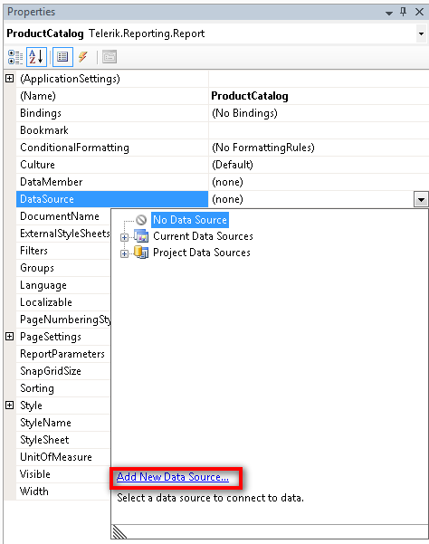 Invoking the DataSource Wizard of the Report Designer from the DataSource property of the data item