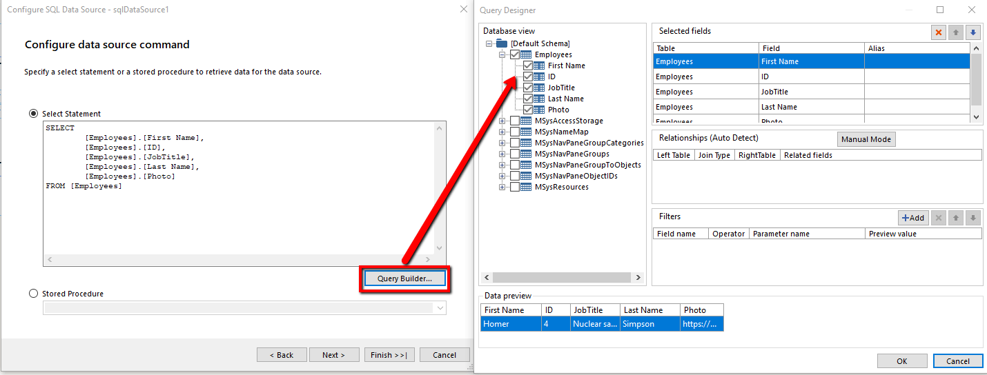 Configure SqlDataSource Select Command with the Query Designer of the Report Designer