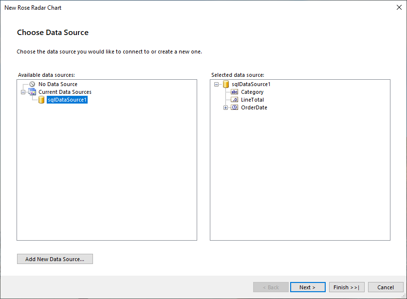 Add DataSource to the Rose Polar Chart with the Wizard of the Standalone Report Designer