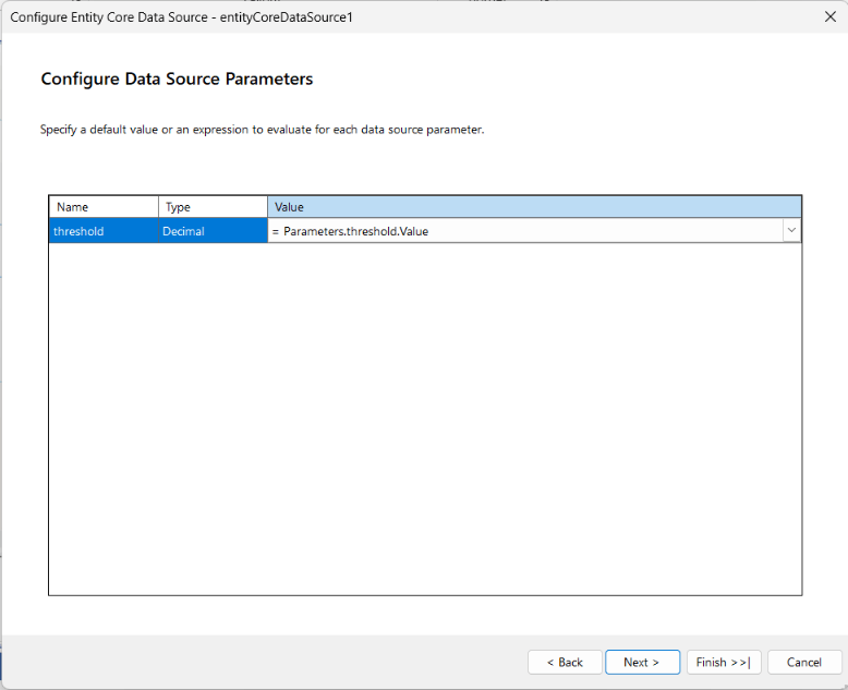The optional 'Configure Data Source Parameters' page of the Entity Framework Core Data Source Wizard in the Standalone Report Designer for .NET.