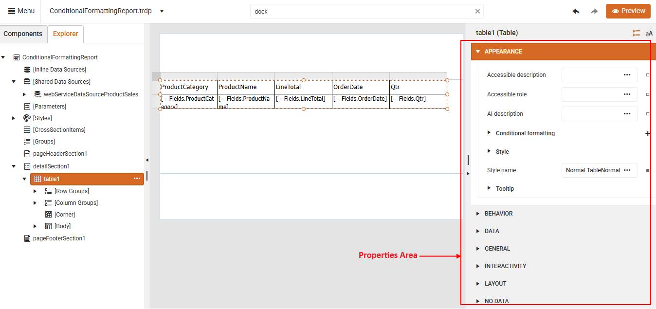 Customizing Report Items Properties Area