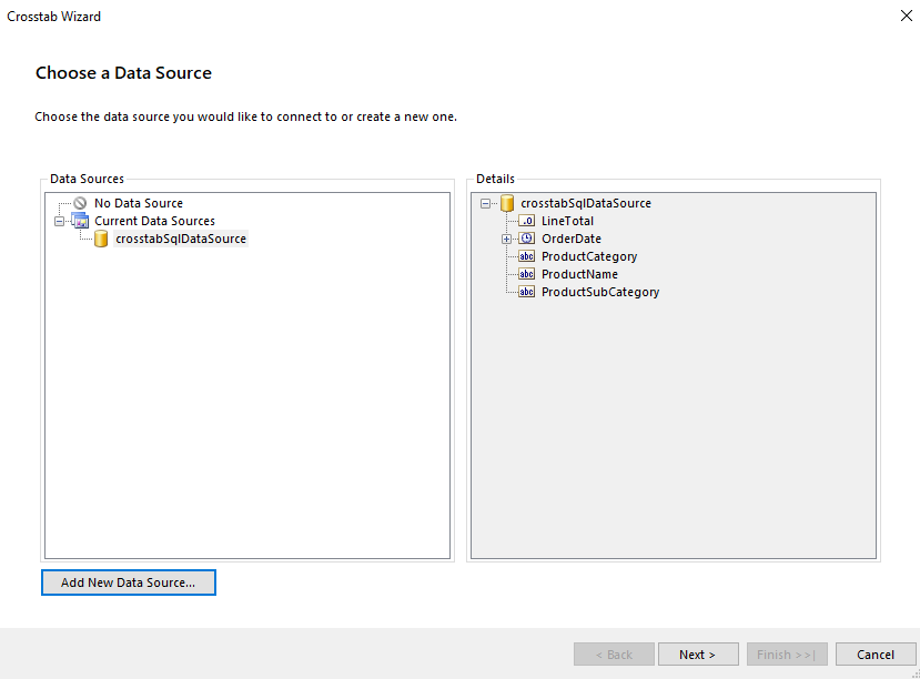Choose a Data Source in the Crosstab Wizard of the Standalone Report Designer