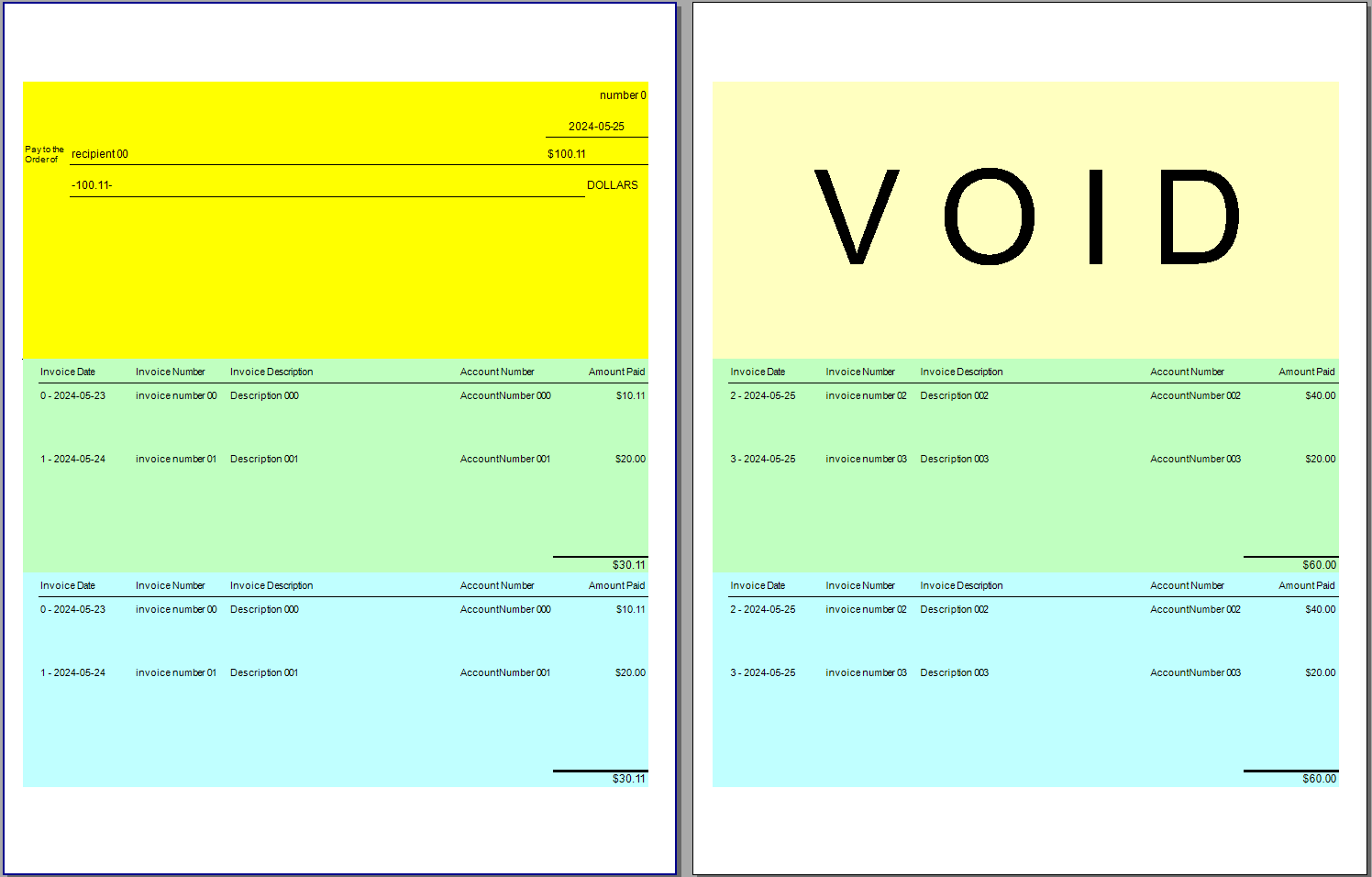 The first and second page of the Check Stubs sample report 'TwoParallelLists.trdx' in PrintPreview of the Standalone Report Designer