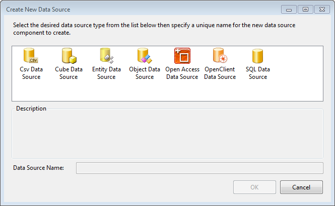 Crate New DataSource dialog of the DataSource Wizard of the Report Designer with listed the available data source components