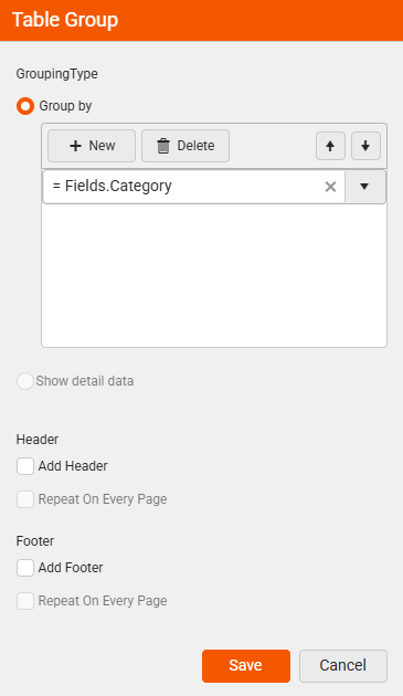 Table Group Dialog showing Group By section with the expression "= Fields.Category".