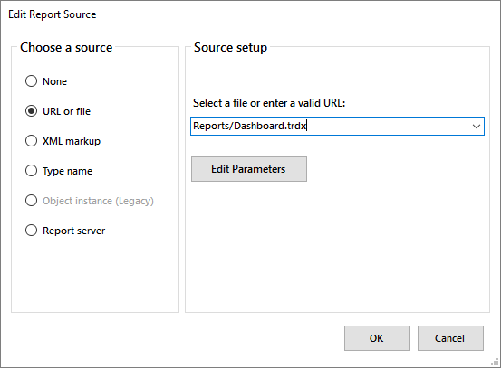 Image of the Windows Forms Report Source Editor window, showing a valid report URL.