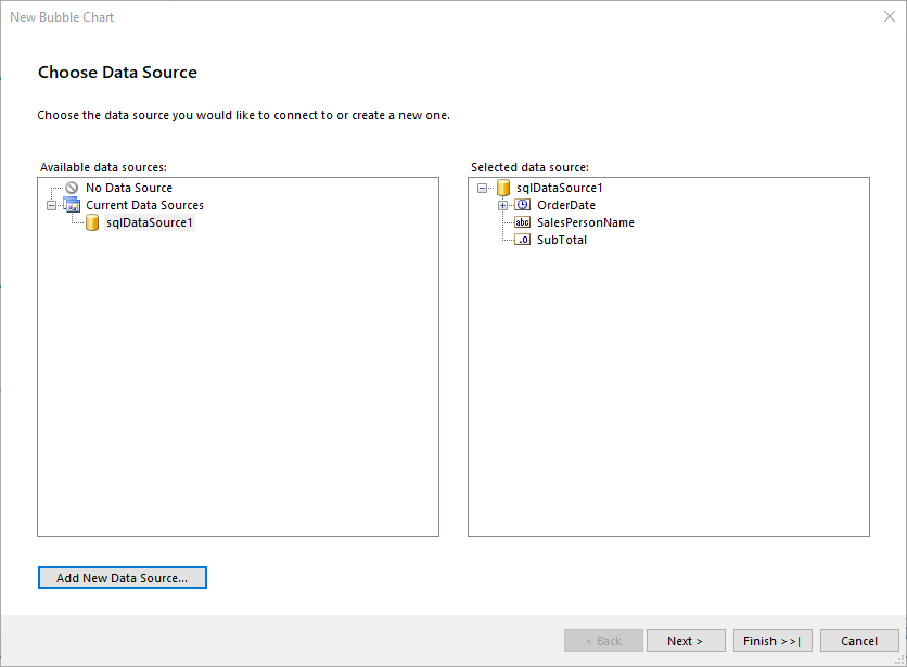 Add DataSource to the Bubble Chart with the Wizard of the Standalone Report Designer