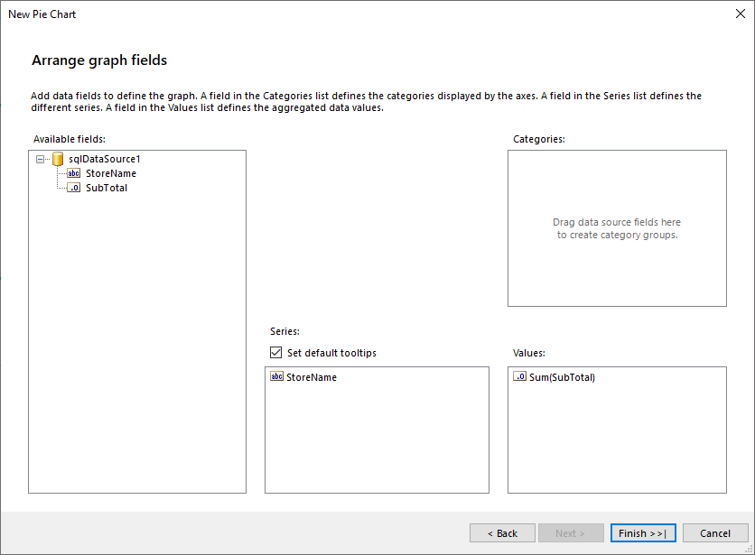 Arrange the Pie Chart Series, Categories and Values from the Wizard in the Standalone Report Designer