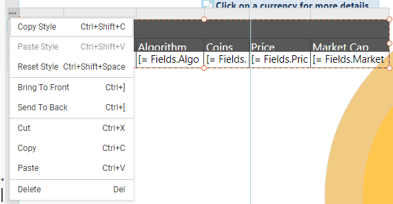 The Table Context Menu of the Web Report Designer which lets you act over the entire table.