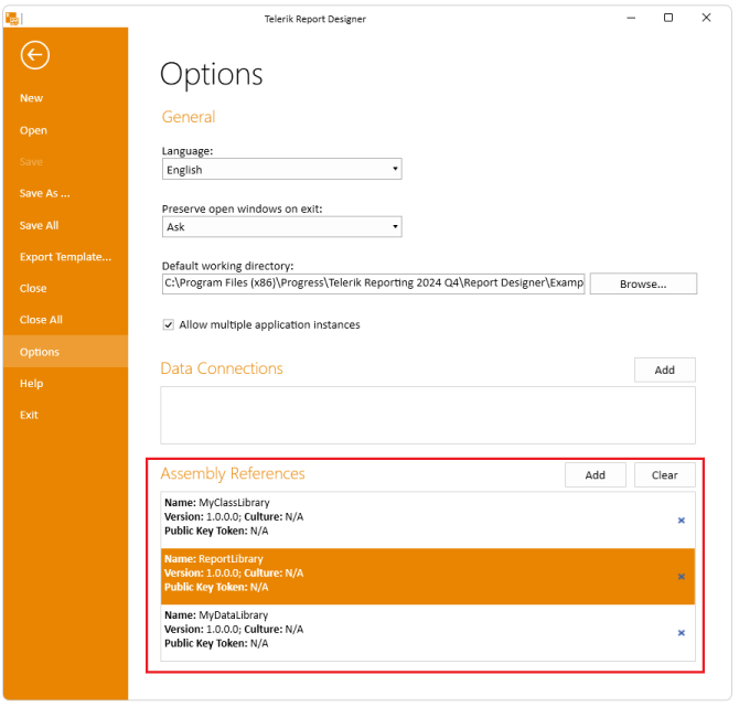 Registered Assembly Reference in the Standalone Report Designer's Options