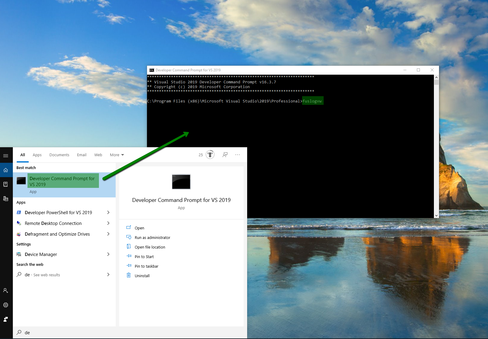 Starting Fuslogvw from developer command prompt for VS 2019