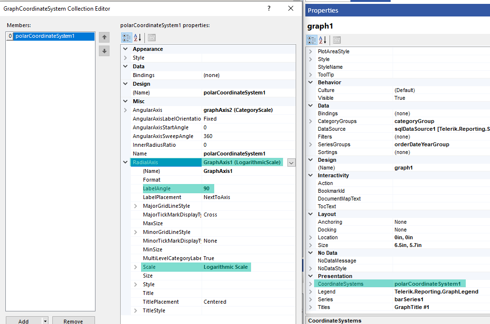Change Radial Axis Scale to Logarithmic in the Graph Item with Rose Polar Chart from the Coordinate System Editor in the Standalone Report Designer