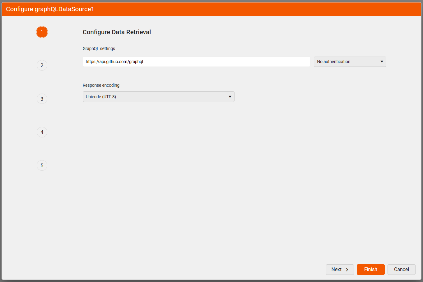 "Configure Data Retrieval" window of the GraphQLDataSource Wizard. Includes the configurable options "GraphQL Service URL", "Authentication Type", and "Response Encoding".